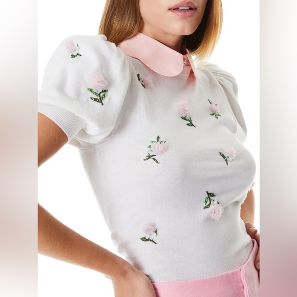NWT Alice + Olivia Chase Puff Sleeve Floral Embroidery Collar Pullover Sweater M - Picture 5 of 16